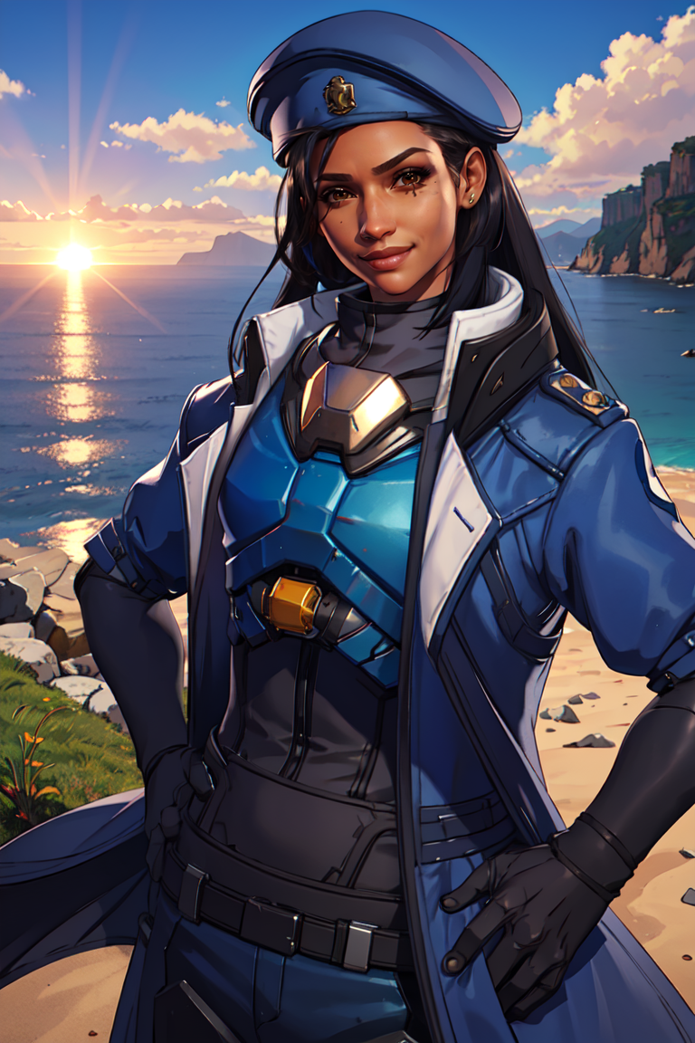 4291412695-1470187488-amari, brown eyes, facial mark, upper body, military uniform, blue coat, beret, ocean, hills, cliff, hands on hips, sky, sunligh.png